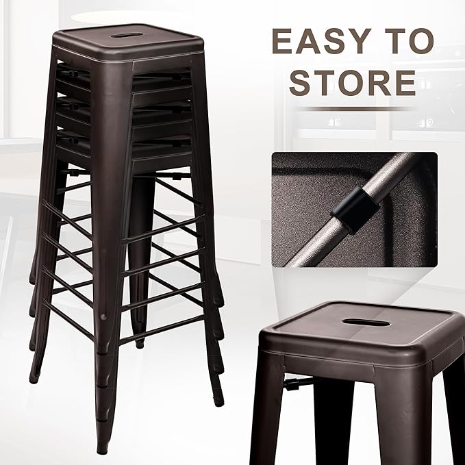 Elevon 30 Inches Metal Bar Stools, High Backless Stools, Indoor Outdoor Stackable Kitchen Stools, Set of 4, Brown