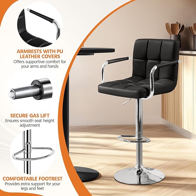 Yaheetech Bart Stools Set of 4, PU Leather Adjustable Barstools with Armrest, Counter Height Stool Chairs with Thickened Seat Cushion for Kitchen Island, Black