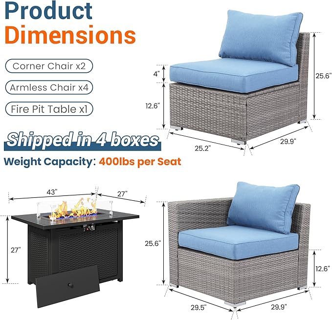 Wisteria Lane Patio Furniture Set for All Wheather, 7 Pieces Wicker Outdoor Furniture Set with Washable Cushions & Fire Pit Table, Oversized Outdoor Sectional for Garden, Poolside, Backyard, Blue
