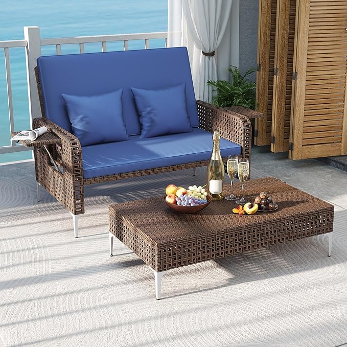 Tangkula Patio Rattan Daybed with 4-Level Adjustable Backrest, Boho Outdoor Wicker Loveseat & Storage Ottoman with Cushion, 2-Person Sun Lounger with Folding Tables for Poolside, Backyard & Garden