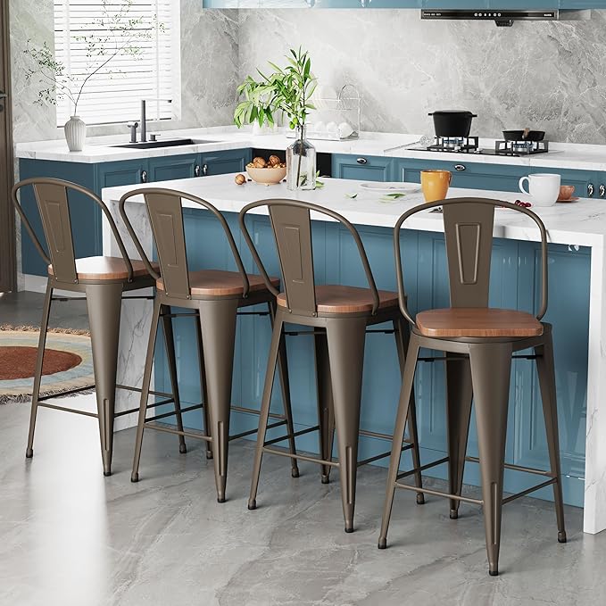 Alunaune 26" Swivel Metal Counter Height Bar Stools Set of 4 High Back Industrial Bar Chairs Kitchen Barstools with Large Wooden Seat-Rusty