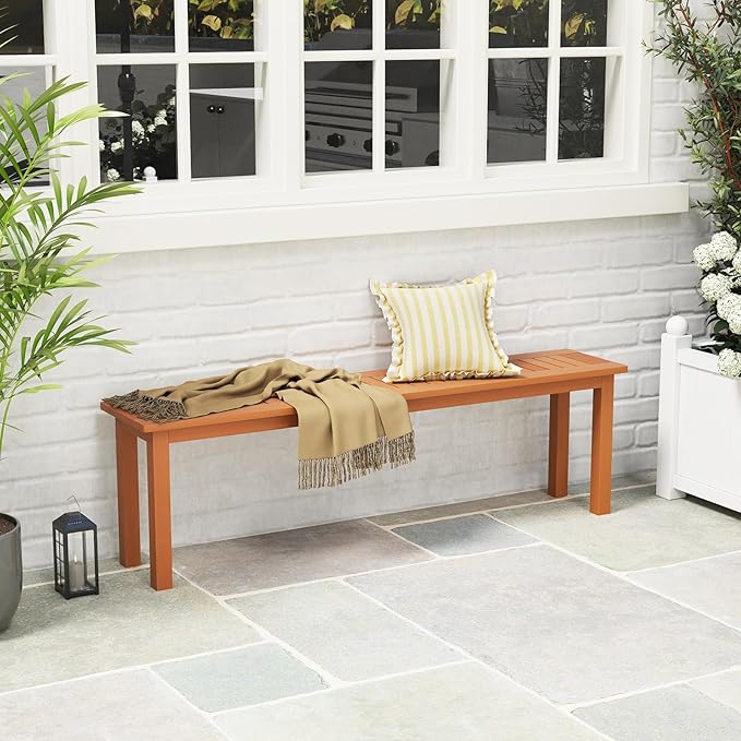 Tangkula Outdoor Wood Bench, 59” Long Patio Dining Bench, Backless Wooden Bench with Teak Oil Finish & Slat Seat, Accent Entryway Bench, Farmhouse Bench for Yard, Garden, Porch, Indoors