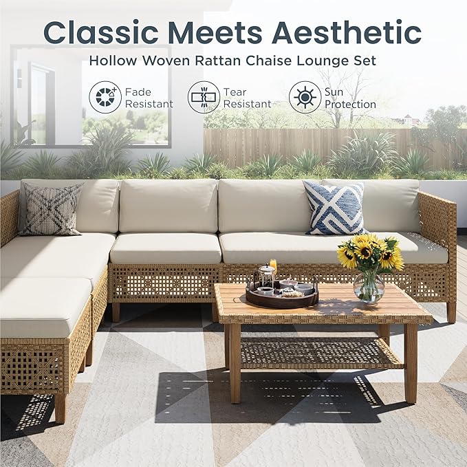 PHI VILLA Wicker Patio Furniture Set, Outdoor Sectional Couch with Cushions and Acacia Wood Coffee Table, U-Shaped Patio Conversation Set for Deck or Porch, 6 Seats, Beige