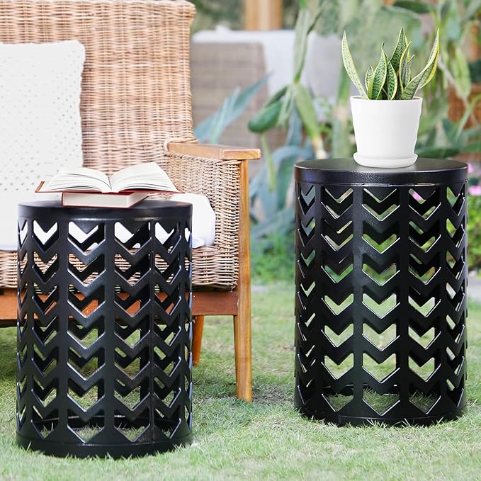 Nesting Round Metal Indoor Coffee End Tables, Set of 3 Modern Farmhouse Nightstands Decor Sofa Side Tables Plant Stand for Living Room Balcony Home Garden Stool Patio Outdoor- Black