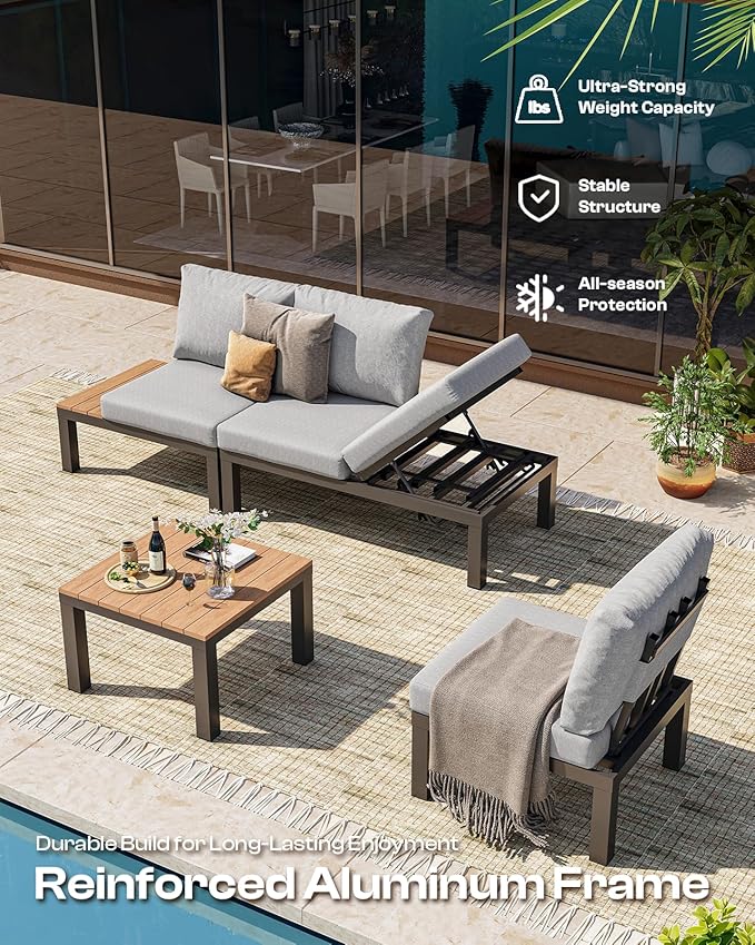 Aluminum Outdoor Patio Sofa Set, 2 Seats Modular Sectional Reclining Loveseat Sofa with Adjustable Backrest & Removable Cushions, All-Weather Conversation Sets for Garden & Yard, Gray