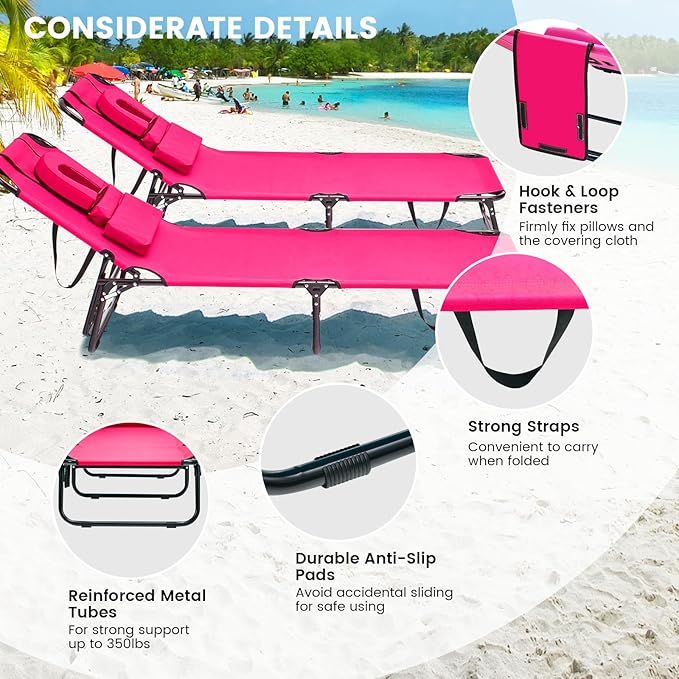 GYMAX Tanning Chair, 350lbs Beach Lounge Chair with Face Hole, Washable Pillow & Carry Strap, Adjustable Folding Chaise Lounge, Layout Chair for Outside, Patio, Poolside, Lawn (1, Pink)