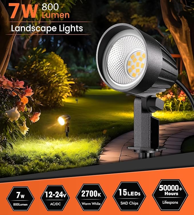 MEIKEE 7W 800lm Low Voltage Landscape Lights, 12V 24V LED Landscape Lighting with Connectors, 2700K IP66 Waterproof Outdoor LED Spotlights for Garden Pathway Yard Decoration (8 Pack)