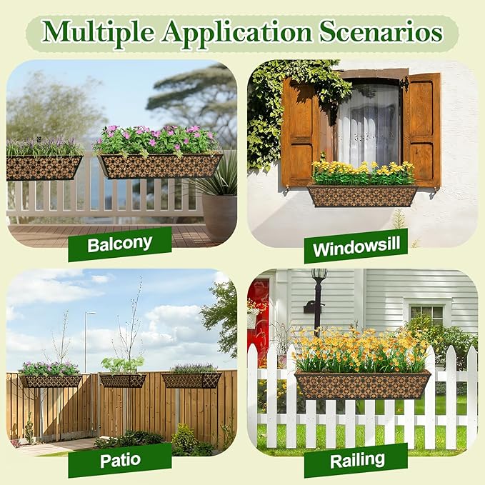 SPECILITE 24" Window Boxes Planters, Heavy Duty Metal Railing Planter Boxes, Adjustable Balcony Planters for Railing Hanging, with Coco Liner & Tool Set for Deck, Porch, and Patio Gardening (2 Pack)