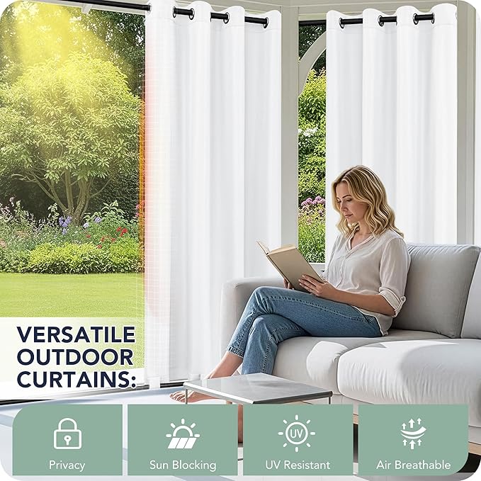 Outdoor Curtains for Patio Waterproof 6 Panels - Windproof, Privacy, Weatherproof Outside Drapes for Gazebo Pergola Porch, Grommet Top and Tab Bottom, 54x108 Inch, White