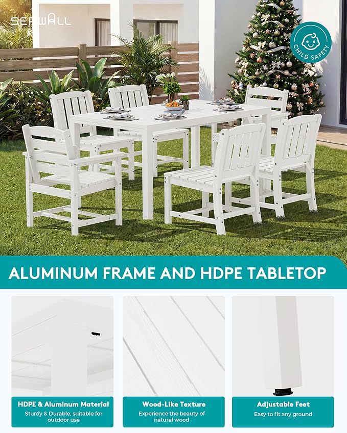 SERWALL Outdoor Expandable Dining Table 60" - 83", Patio Dining Table for 4-10 People, All Weather HDPE and Aluminum Outdoor Furniture for Backyard, Garden, White