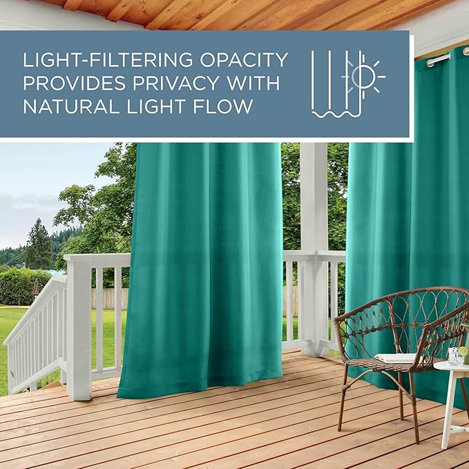 TOWN & COUNTRY BASICS Cabana Solid Heavyweight Indoor Outdoor Curtains, Light Filtering Opacity with Grommet Top, Water Repellent, 2-Pack Set, 54"x96", Teal
