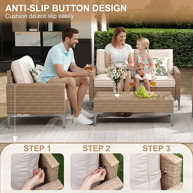 4-Piece Patio Furniture Set,Outdoor Wicker Patio Conversation Set with Tempered Glass Table,All-Weather Rattan Sectional Loveseat&Chairs with Thick Cushions for Garden,Deck,Backyard-Beige