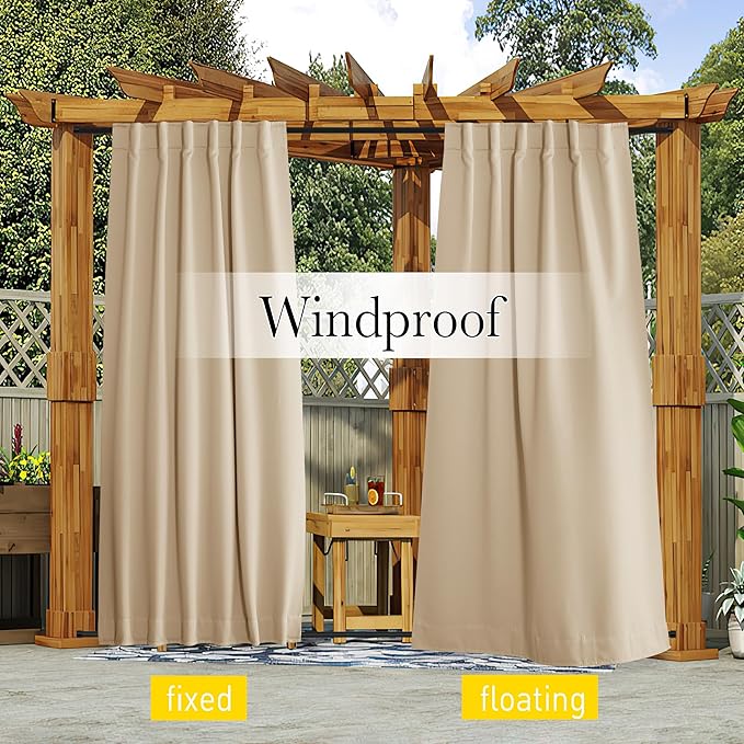 NICETOWN 2 Panels Outdoor Curtains Waterproof Pocket & Back Tab on Top & Bottom, Thermal Insulated Windproof Sun Blocking Outside Privacy Drapes for Patio with Fixed Rope, W84 x L84, Biscotti Beige