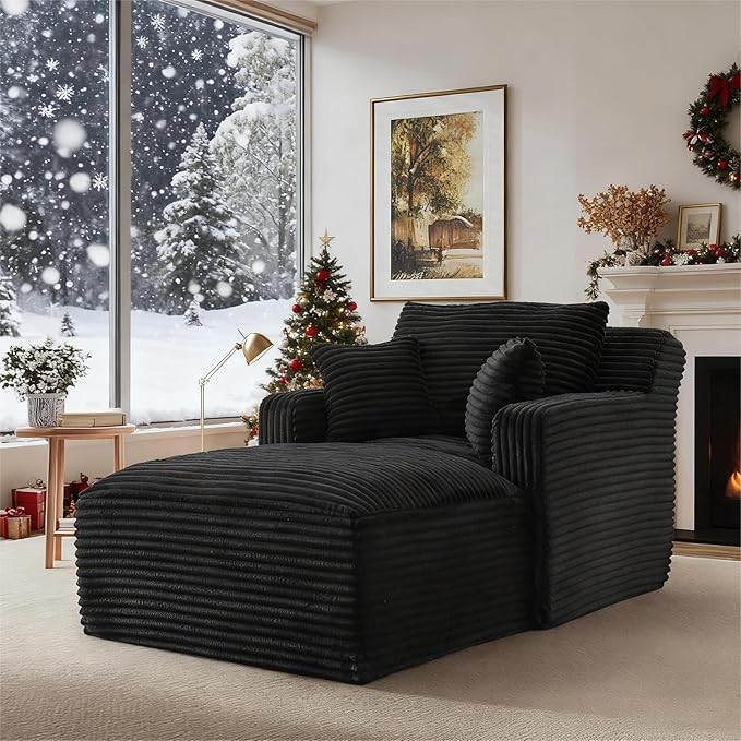 65.4" Chaise Lounge Chair Indoor, Oversized Boneless Couch Comfy Upholstered Sleeper Sofa Bed with 3 Pillows, Corduroy Cloud Reading Chair for Living Room No Assembly Required, Black