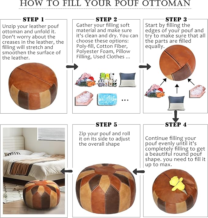 Thgonwid Unstuffed Moroccan Faux Leather Pouf Ottoman with Storage - Handmade Boho Chic Multi-Use Footrest for Living Room, Bedroom, Patio - Round Ethnic Floor Cushion & Decorative Accent, Tricolor