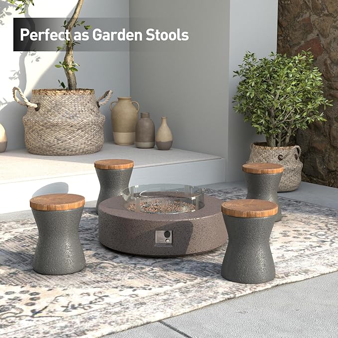 SUNBURY Outdoor Accent Table, 13" W Hourglass Shaped Outdoor Side Table for Patio, Concrete Garden Stool End Table, Morden Concrete Wooden-Look Top for Bedroom, Garden, Backyard