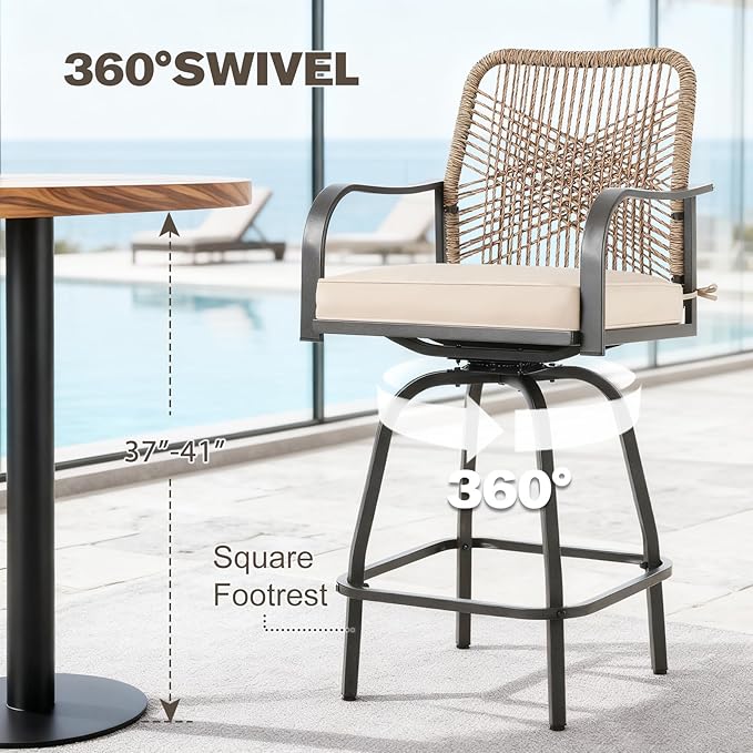 Patio Swivel Bar Stools Set of 2, Outdoor Rattan Height Bar Patio Swivel Chairs with Steel Frame and Thickened Cushion for Garden, Balcony, Lawn and Backyard (Rattan Brown)