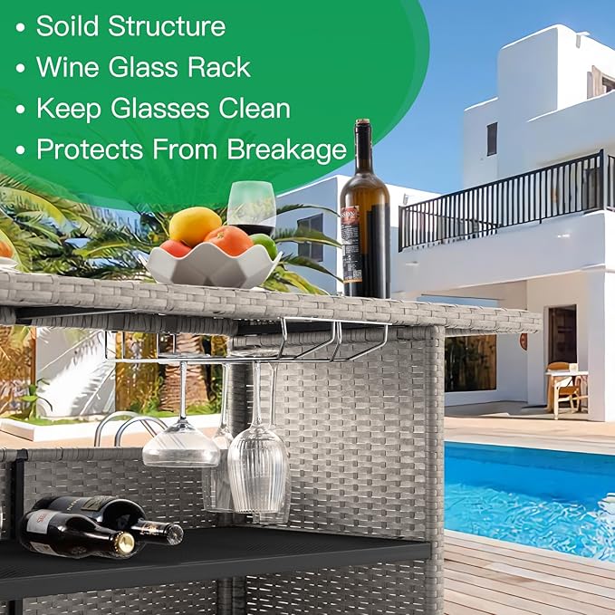 ECOTOUGE Wicker Bar Table, Outdoor Patio Console Table Serving Table, Mini Outdoor Bar Patio Counter with Steel Shelves & Hanging Wine Glasses, Ideal for Garden, Backyard(Grey)