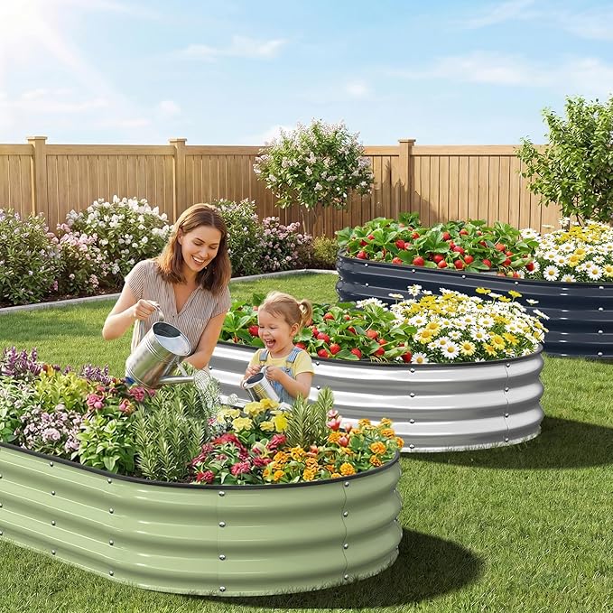 Kesfitt Raised Garden Bed, 6x3x1 FT Galvanized Steel Metal Raised Garden Bed, Oval Open-Bottom Design, 12-Inch Deep for Outdoor Vegetable & Herb Gardening, Silver