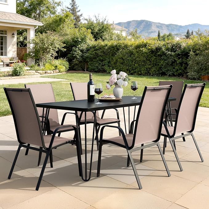 JEAREY Patio Dining Chairs Set of 6, Outdoor Stackable Dining Furniture Set, All Weather Dining Set for Lawn, Garden, Backyard, Poolside, Brown