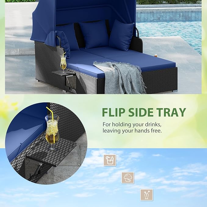 ORALNER Outdoor Daybed, 2-Person Wicker Patio Sofa with Retractable Canopy, Cushions & Pillows, 2 Side Trays, PE Rattan Sunbed Double Lounger for Deck Poolside Garden Balcony (Navy)