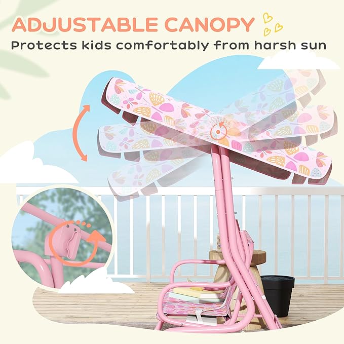 Qaba Kids Patio Swing, 2-Seater Outdoor Porch Swing Chair with Adjustable Canopy, Safety Belt, Pink Butterfly Pattern Hanging Swing Bench for Garden, Backyard, Pink