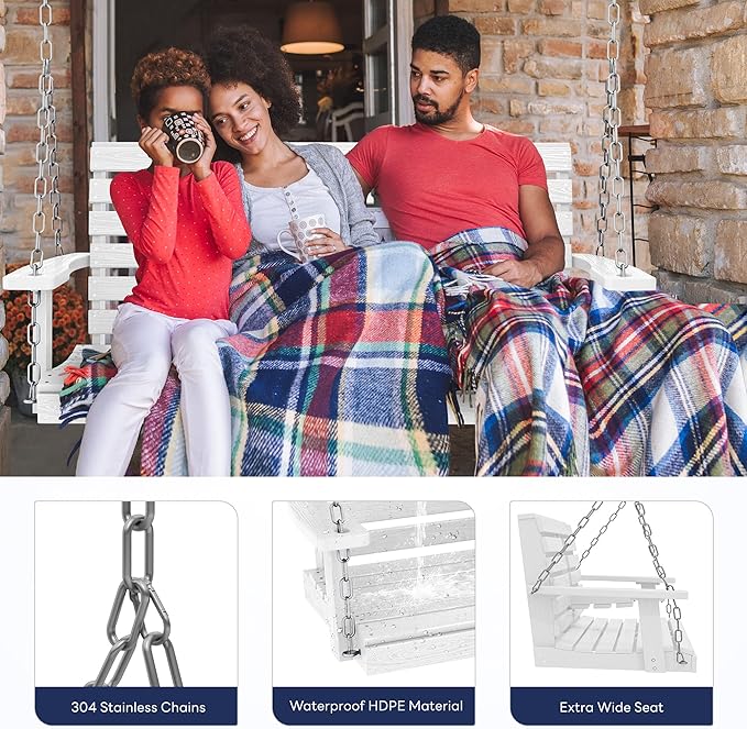 KINGYES Outdoor Hanging Porch Swing Set of 2, Waterproof Swing with Cup Holders for Courtyard & Garden, 660LBS Weight Capacity, White