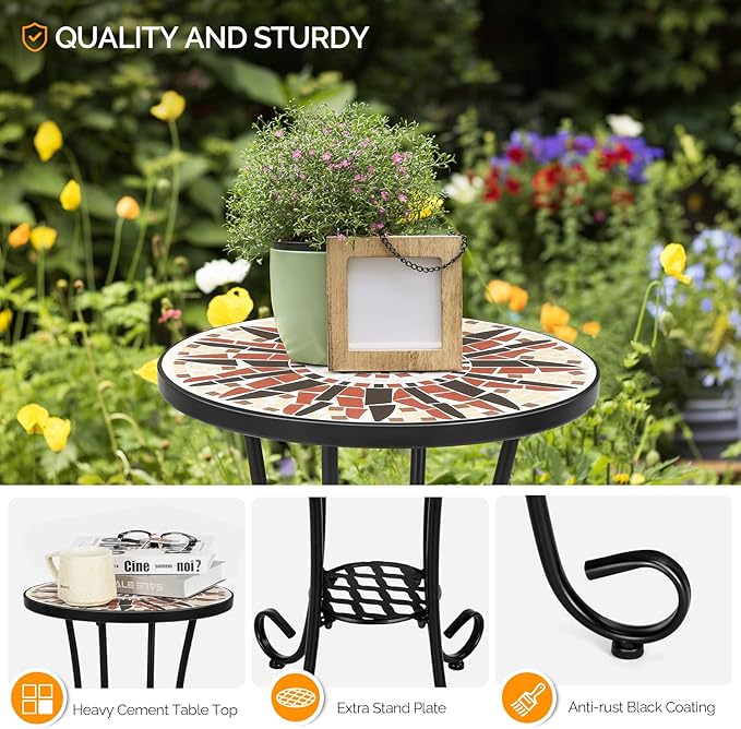 VINGLI Mosaic Outdoor Side Table, 14" Round End Table, Accent Table, Ceramic Tile Top Black Iron,Brown Flower