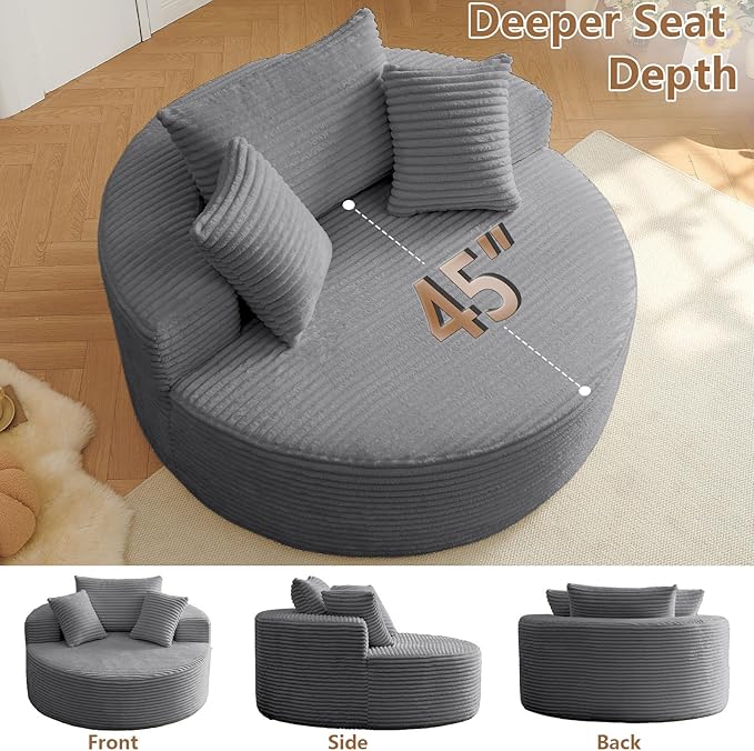 Oversized Round Chair Lounge Chaise Indoor, Upholstered Corduroy Deep Seat Cloud Large Circle Sofa Chair, No Assembly Required, Fluffy Modern Sleeper Sofa Bed for Reading, Living Room, Dark Gray