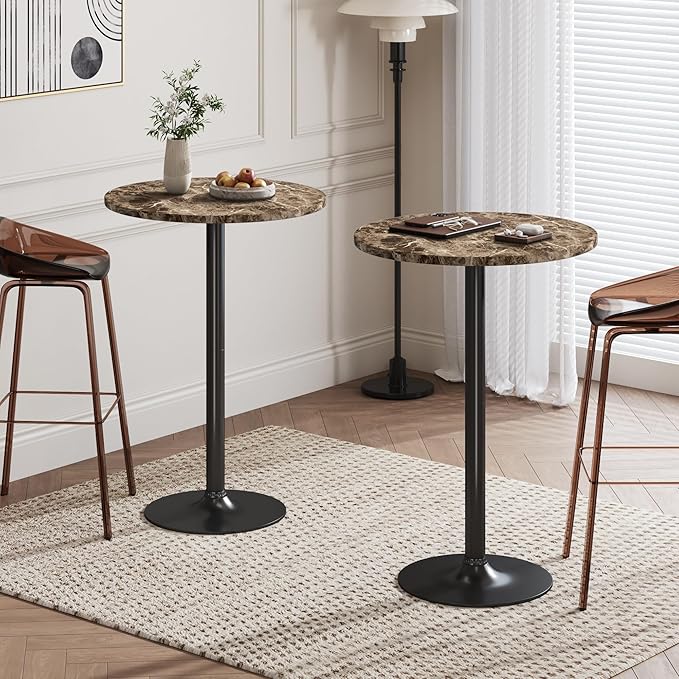 Flamaker Round Bistro Pub Table Modern Style Metal Base MDF Top Cocktail Bar Table Counter Bar Height for Pub, Dining Room, Party (4, Marble-Black)