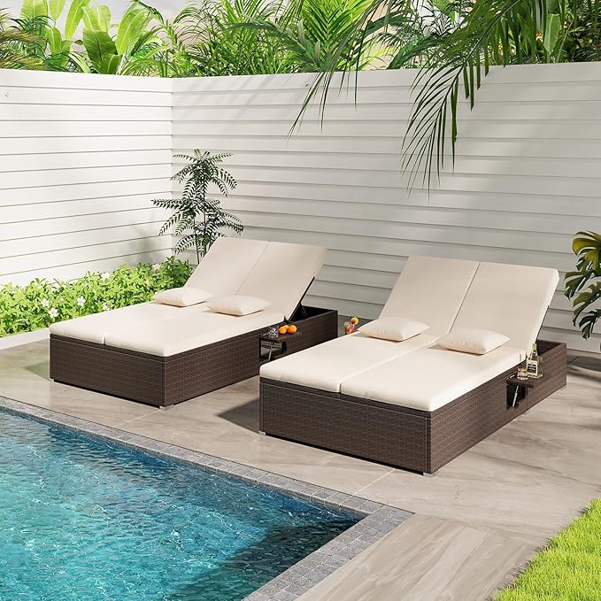 Tangkula Outdoor Rattan Daybed with 6-Level Adjustable Backrests, 2-Person Adjustable Wicker Recliner Bed with Cushions & Folding Side Trays, Double Sunbed Lounger for Balcony, Backyard & Poolside
