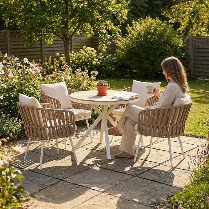 SUNSITT Patio Dining Chairs Set of 4, Outdoor Metal Dining Chairs with Woven Rope, All-Weather Patio Arm Chairs w/Cushions, Porch, Garden, White