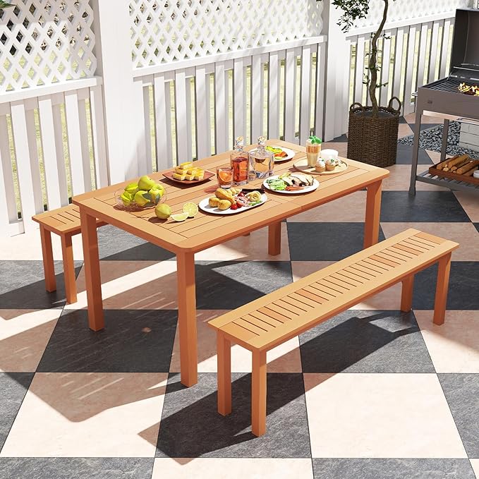Tangkula Outdoor Wood Bench, 59” Long Patio Dining Bench, Backless Wooden Bench with Teak Oil Finish & Slat Seat, Accent Entryway Bench, Farmhouse Bench for Yard, Garden, Porch, Indoors