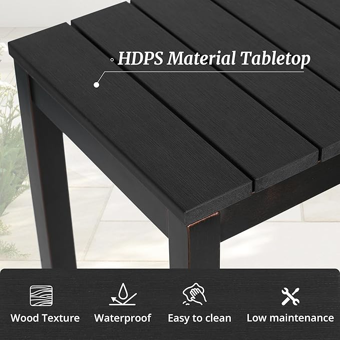 Outdoor Bar Table, 38" Patio Bar Height Counter Console Table, Black Waterproof HDPS Slatted Top and Bronze Leg, Weather Resistant, Hot Tub, Balcony, Yard, Indoor or Outdoor Use