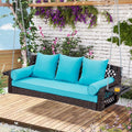 3 Seat Porch Swing, Wicker Patio Swing with Cup Holders & 3 Back Cushions, Yard Swing with Chains for Deck Garden Backyard,Brown Seagrass Rattan, Lake Blue Cushion, 56-inch