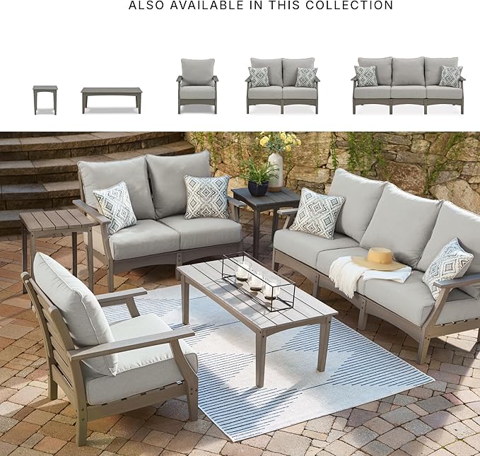 Signature Design by Ashley Visola Outdoor Patio Sofa with All-Weather Cushion and 2 Throw Pillows, Cleanable Performance Fabric, 19.88" Seat Height, Gray