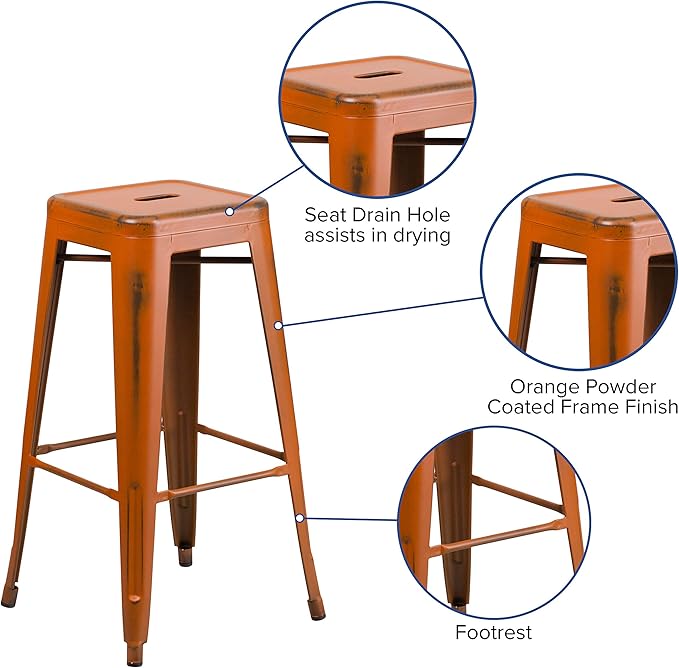Flash Furniture Kai Commercial Grade 4 Pack 30" High Backless Distressed Orange Metal Indoor-Outdoor Barstool