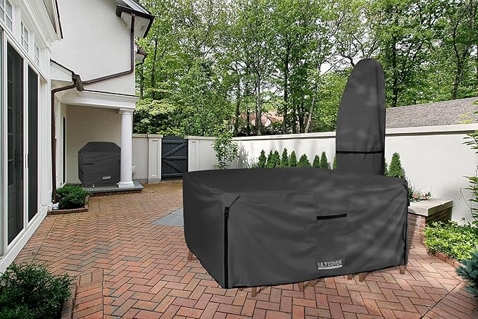 ULTCOVER 600D Tough Canvas Heavy Duty Square Patio Table and Chair Cover - Waterproof Outdoor General Purpose Furniture Covers 106 inch, Black
