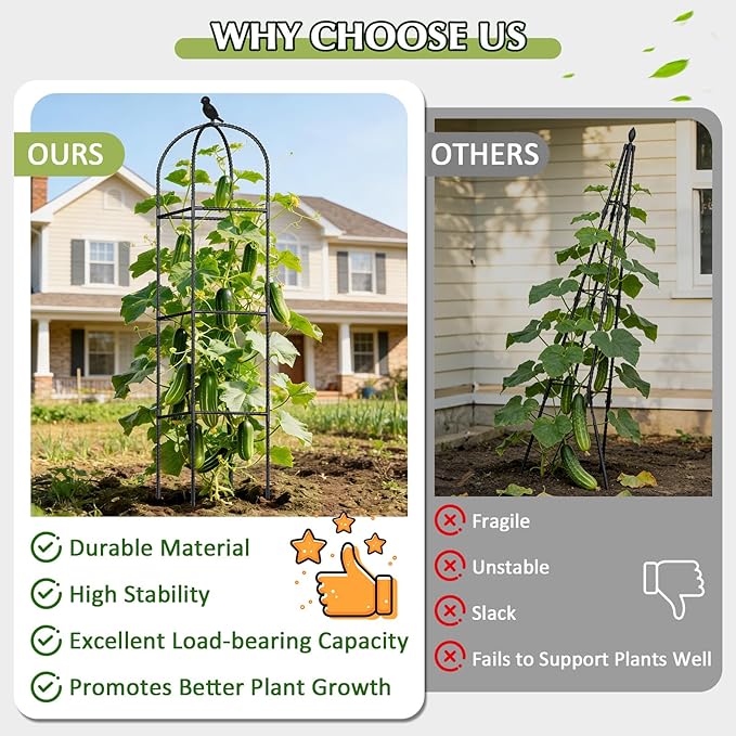 Square Tomato Cages for Garden, 6.2 FT Cucumber Trellis for Flowers, Grape, Pea, Rose, Bean, Rustproof Plastic Coated Metal Plant Support for Potted Plants Indoor Outdoor- 1PC Obelisk Trellis