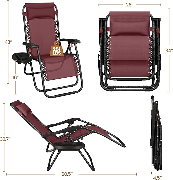 Yaheetech Zero Gravity Recliners Outdoor Adjustable Folding Reclining Lounge Chairs w/Pillows, Cup Holder Trays and Carry Strap for Patio Backyard Beach Burgundy Set of 2