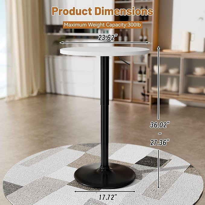 Flamaker Round Bistro Pub Table 23.6 Inch Height Adjustable 360° Swivel Bar Table Metal Base for Pub, Dining Room, Party (4, White-Black)