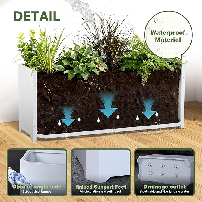Steel Planter Box-32"x15"x15"-Rectangular Planters for Outdoor Plants, White Matel Planter Box Raised Support Feet for Patio, Deck, Garden, Yard, Drain Holes, Easy Assembly
