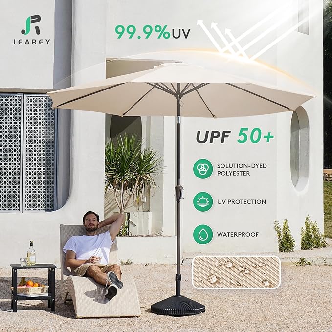 JEAREY 9FT Outdoor Patio Umbrella Market Umbrella with Push Button Tilt and Crank, Outdoor Table Umbrellas 8 Sturdy Ribs UV Protection Waterproof for Garden, Deck, Backyard, Pool (Cream Beige)