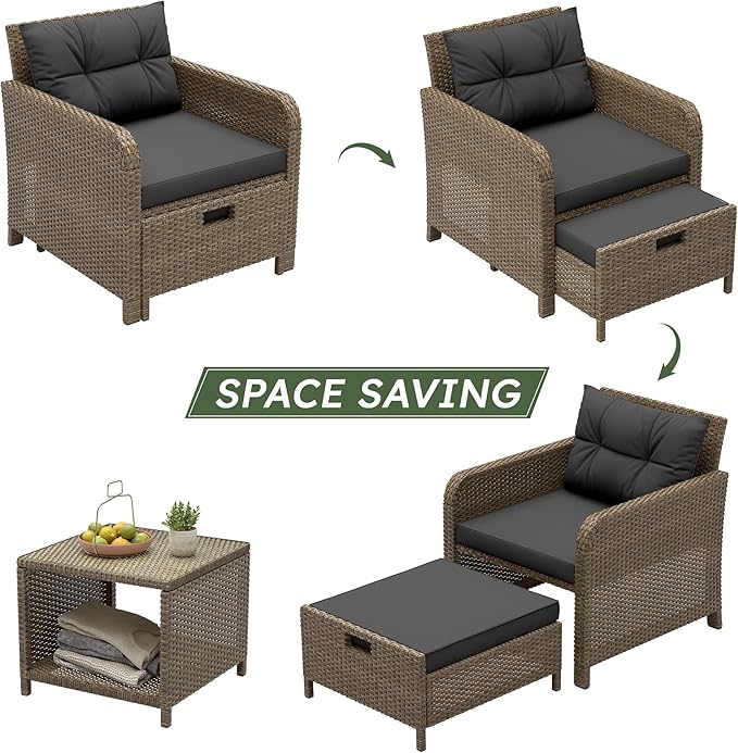 LHBcraft Balcony Furniture 5 Piece Wicker Patio Furniture Set, Outdoor Hand-Woven Rattan Lounge Chairs with Tempered Glass Coffee Table, Ottomans & Soft Cushions for Front Porch, Garden, Black