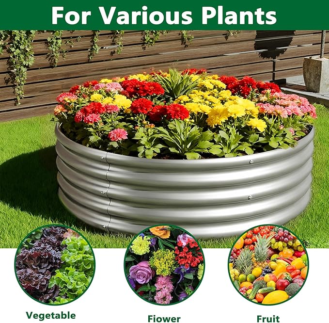 zizin 2 Pcs Round 4x4x1ft Raised Garden Bed Kit Metal Planter Box for Planting Vegetables, Silver