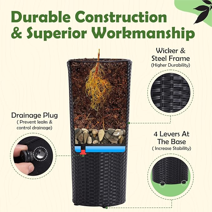 Idzo All Weather Wicker Planters for Outdoor Plants Set of 2, 24 inch Tall Black Planter for Front Porch, Patio, Balcony, Indoor Usage - Round Rattan Flower Pots