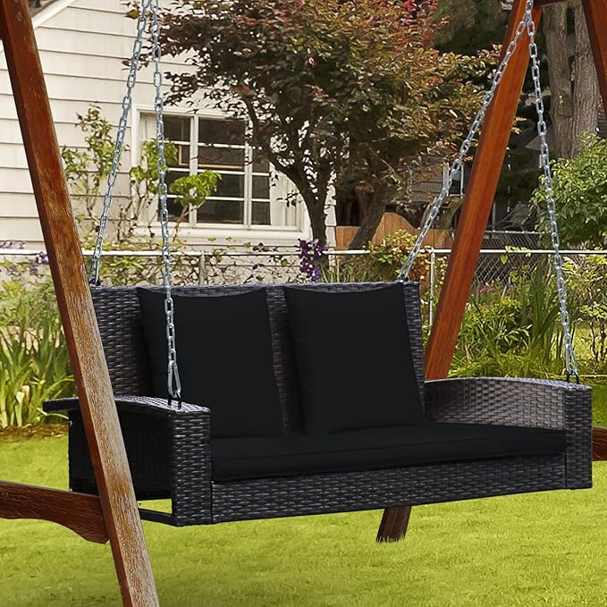 RELAX4LIFE Porch Swing 2-Seat Patio Rattan, Wicker Porch Swings Outdoor W/Two 7.9 Ft Solid Steel Chain, Comfortable Back & Seat Cushions, for Front Porch, Garden, Backyard Patio Swing (Black)