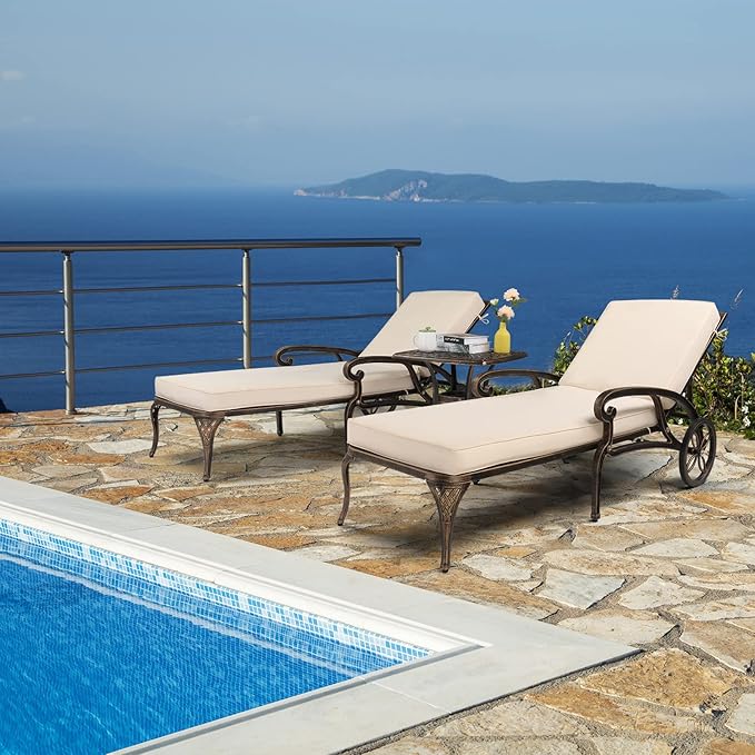 VINGLI Cast Aluminum Outdoor Chaise Lounge Chair with Wheels Set of 2, Patio Chaise Lounge with 3-Position Adjustable Backrest, Tanning Chair Reclining Chair for Poolside (2PCS, Bronze, with Cushion)
