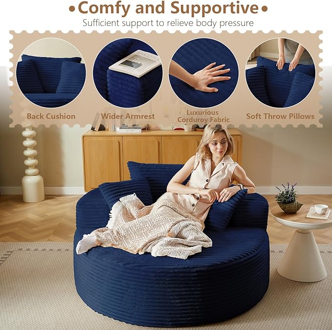 Oversized Round Chair Lounge Chaise Indoor, Upholstered Corduroy Deep Seat Cloud Large Circle Sofa Chair, No Assembly Required, Fluffy Modern Sleeper Sofa Bed for Reading, Living Room, Bedroom, Blue