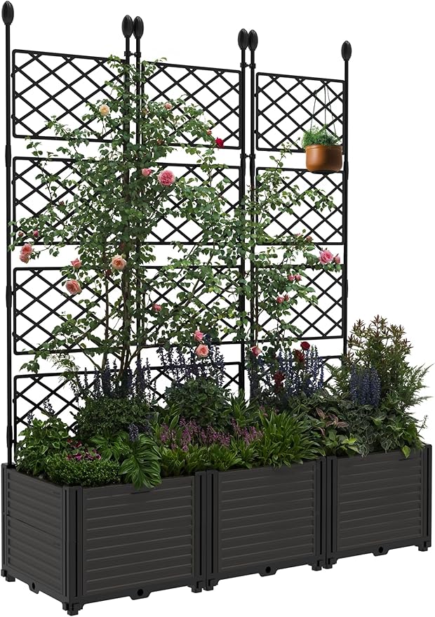 3 PCS Raised Garden Bed with Trellis, 48" LX16 WX63 H Plastic Planter Box for Climbing Plants, Outdoor Vertical Garden with Privacy Screen for Patio, Balcony, Backyard – Sturdy & Lightweight